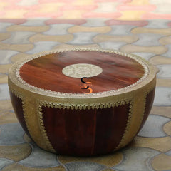 Indian Hand Carved Drum Brass Work Solid Wood Coffee Table C135