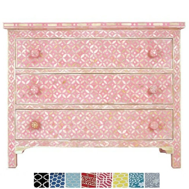 Maaya Bone Inlay Chest of 3 Drawers Pink Mother of Pearl