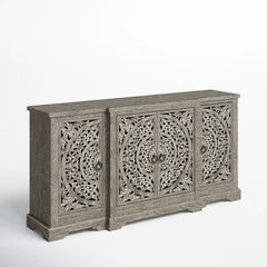 Indian Handmade Solid Wood Carved 4 Doors Sideboard