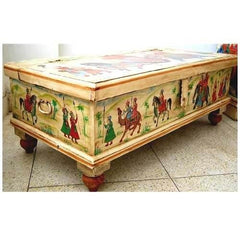 Mughal Hand Painted Indian Solid Wood Storage Trunk Box Coffee Table White