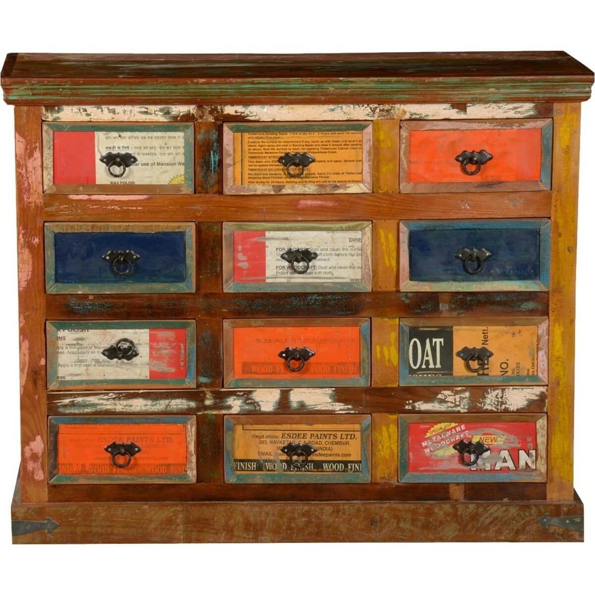 Retro Painted Colors Pop Art Reclaimed Wood 12 Drawer Dresser Chest