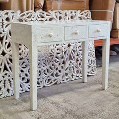 Bone Inlay Indian Beautiful Hand Carved Art Solid Wooden Console Hall Table White 100x39.5x80Cm