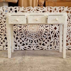 Bone Inlay Indian Beautiful Hand Carved Art Solid Wooden Console Hall Table White 100x39.5x80Cm