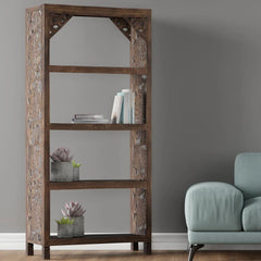 Kalah Solid Mango Wood Indian Hand Carved Bookshelf Black White Finish C9