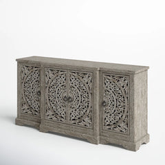Indian Handmade Solid Wood Carved 4 Doors Sideboard