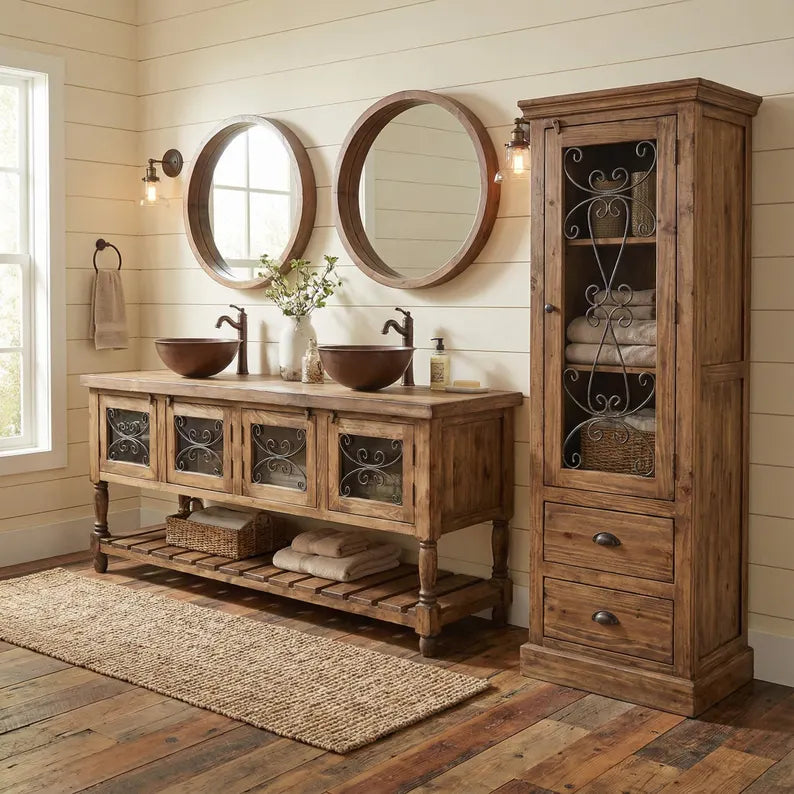 Indian Hand Carved Solid Wood & Metal Jali Bathroom Vanity V12