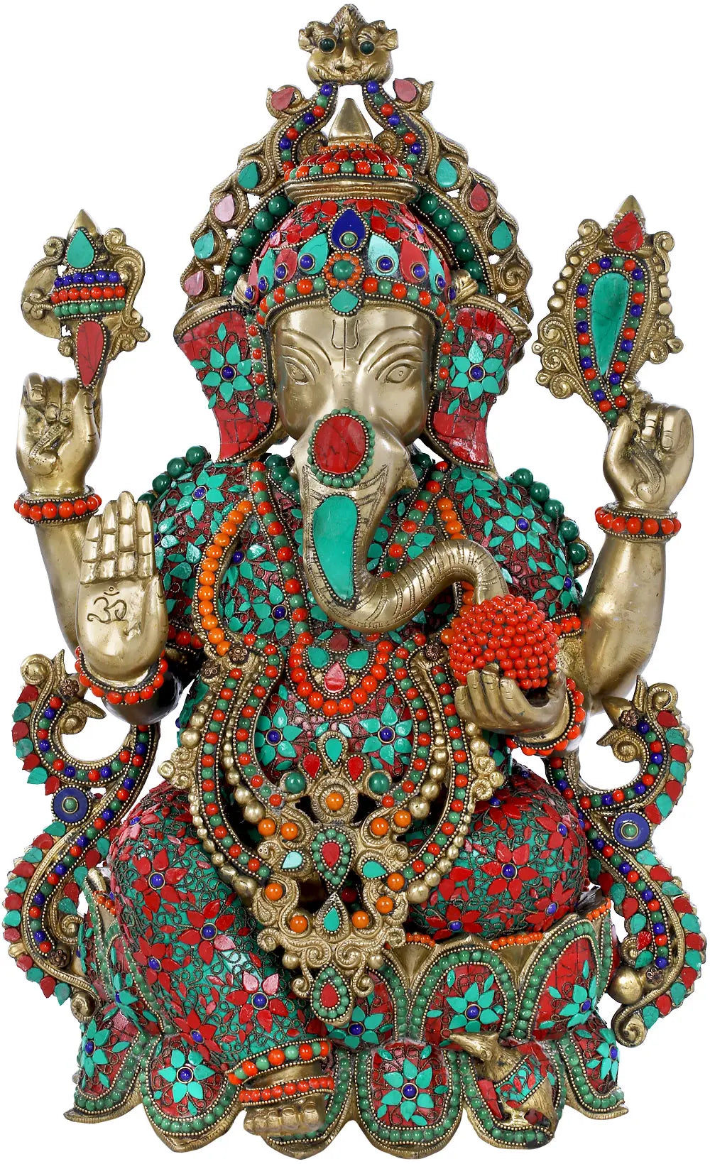 Indian Lord Ganesha Handmade Brass Statue With Inlay Work