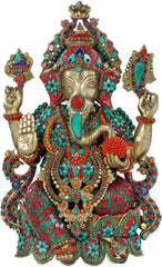 Indian Lord Ganesha Handmade Brass Statue With Inlay Work
