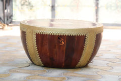 Indian Hand Carved Drum Brass Work Solid Wood Coffee Table C135