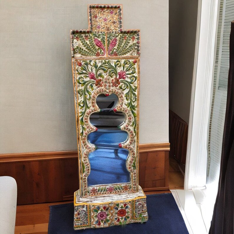 Indian Rajasthani Hand Carved Painted Solid Wood Mirror Frame 119