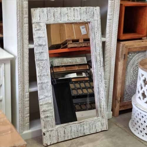 Handmade Carved Wall Hanging Mirror Frame Oriental Style Rustic White 137x5x78Cm