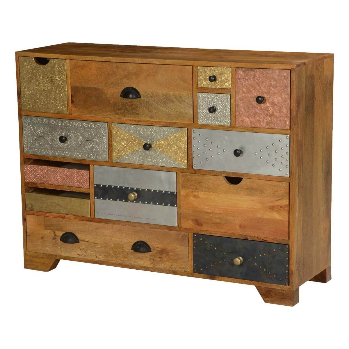 Vivid Indian Mango Wood Standard Horizontal 14 Drawer Dresser