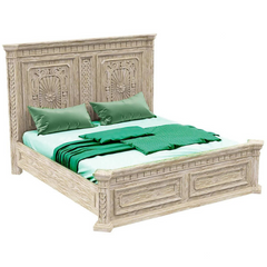 Indian Hand Carved Solid Wood King Size Bed White Wash 108