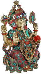 Indian Lord Ganesha Handmade Brass Statue With Inlay Work