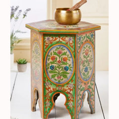 Mughal Hand Painted Multicolored Wooden Side Table