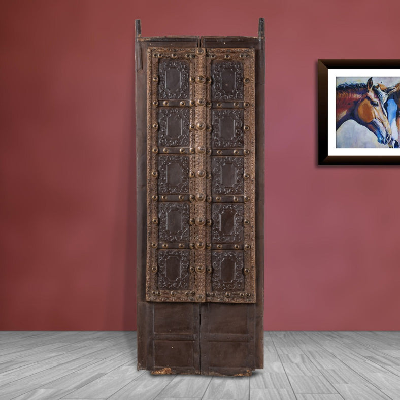 Indian Vintage Antique Brass and Metal Work Old Wood Door 126