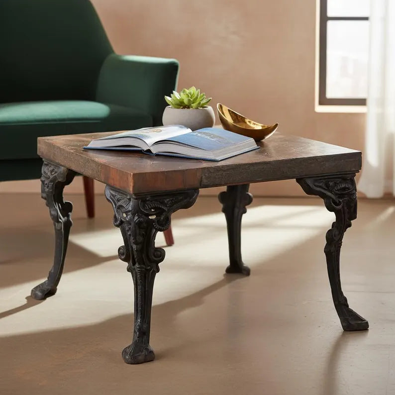Vintage Hand Carved Solid Wood & Metal Side Table 42