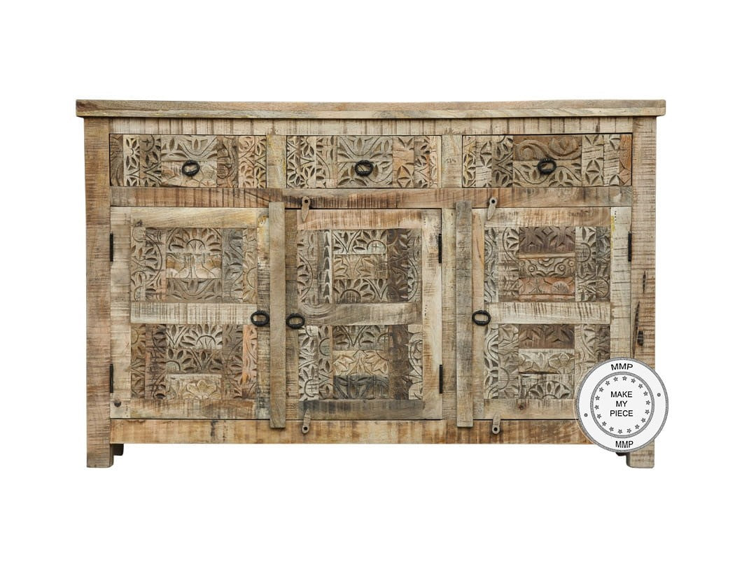 Yennora Indian Solid Wood Buffet Sideboard With Carved Doors & Drawers