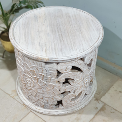 Hand Carved Indian Mango Wood Round Coffee Table 60X60X50CM