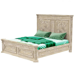 Indian Hand Carved Solid Wood King Size Bed White Wash 108