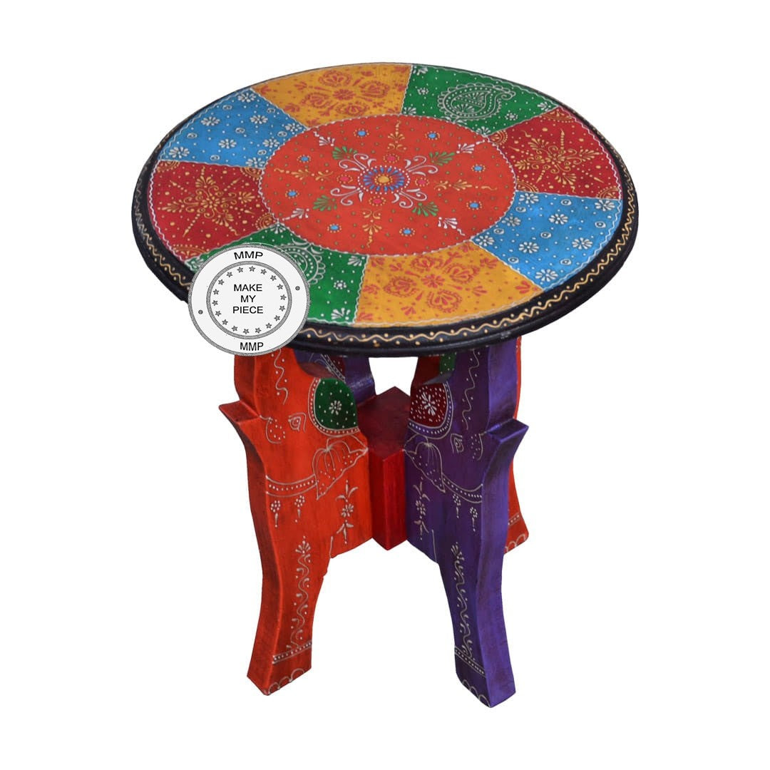 Pandora Hand Painted Multicolored Round Stool Elephant SideTable