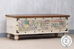 Indian Hand Carved Painted Boho Style Wooden Chest Blanket Box