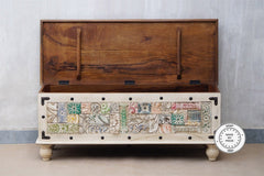 Indian Hand Carved Painted Boho Style Wooden Chest Blanket Box