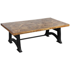 Rectangular Reclaimed Wood Rustic Parquet Cast Iron Double Base Coffee Table Nutte