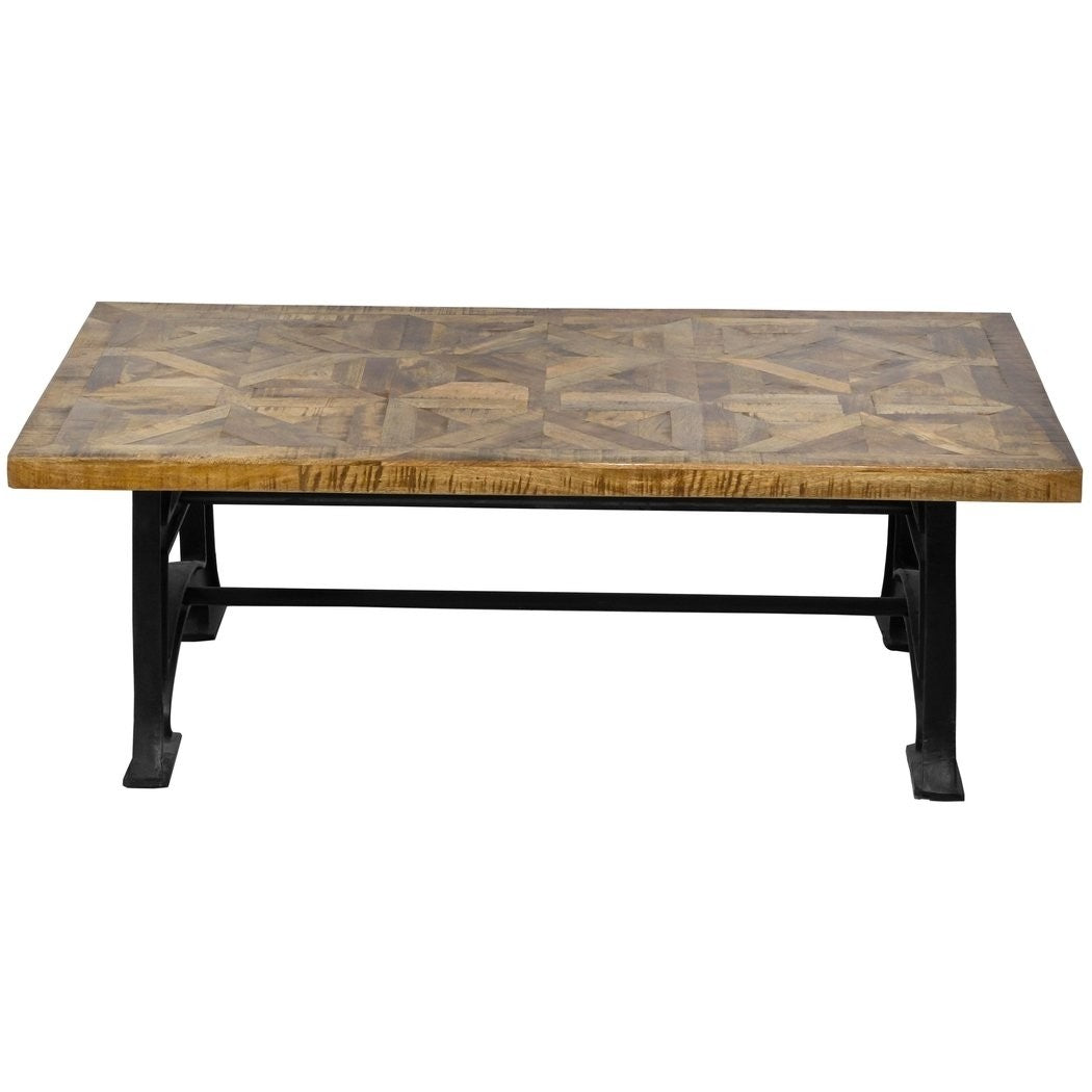 Rectangular Reclaimed Wood Rustic Parquet Cast Iron Double Base Coffee Table Nutte