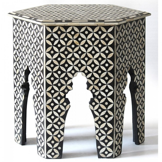 Maaya Bone Inlay Round Side Table Black White Floral