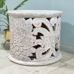 Hand Carved Indian Mango Wood Round Coffee Table 60X60X50CM