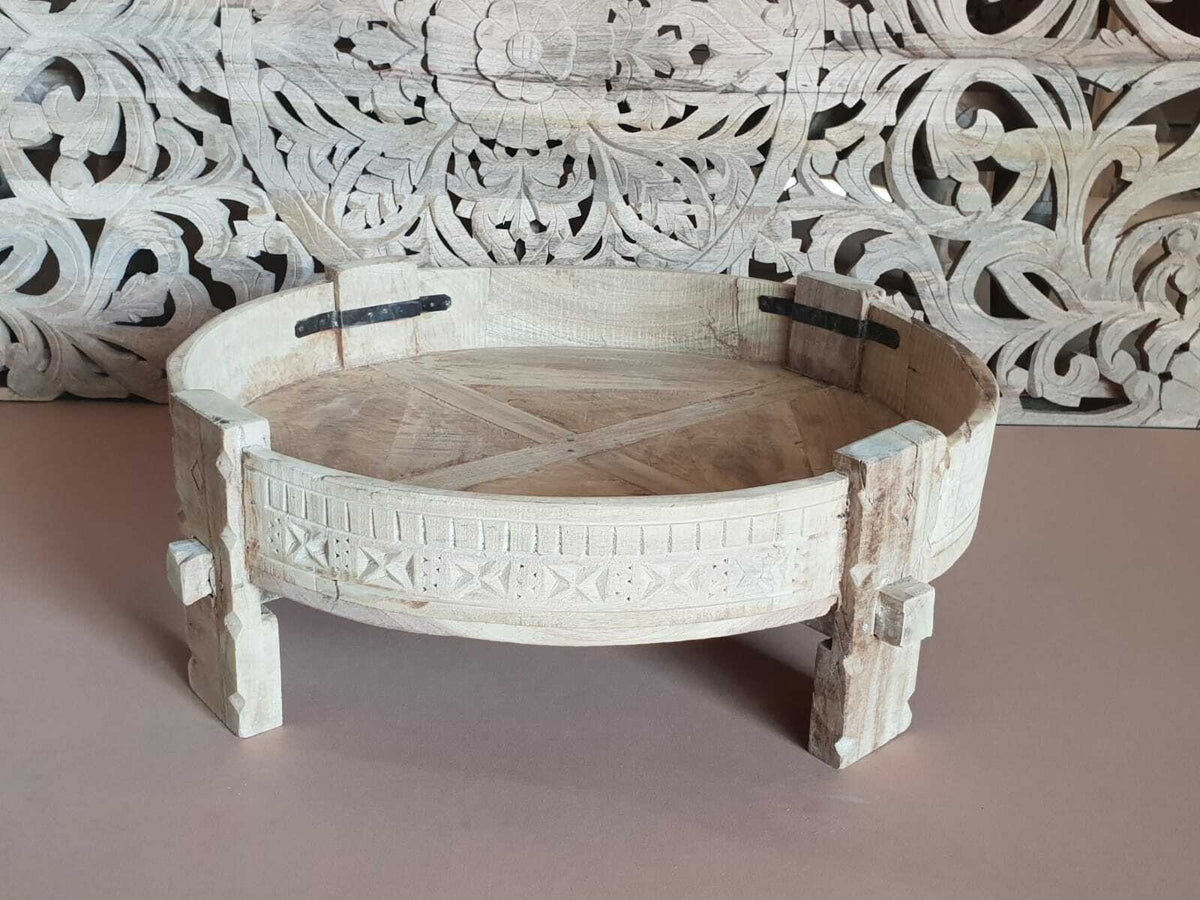 Indian Tribal Hand Carved Solid Wood Chakki Coffee Table Star Bleached 75 cm