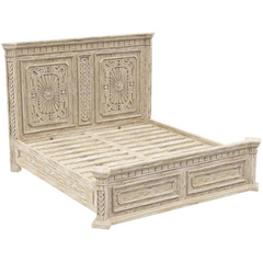 Indian Hand Carved Solid Wood King Size Bed White Wash 108