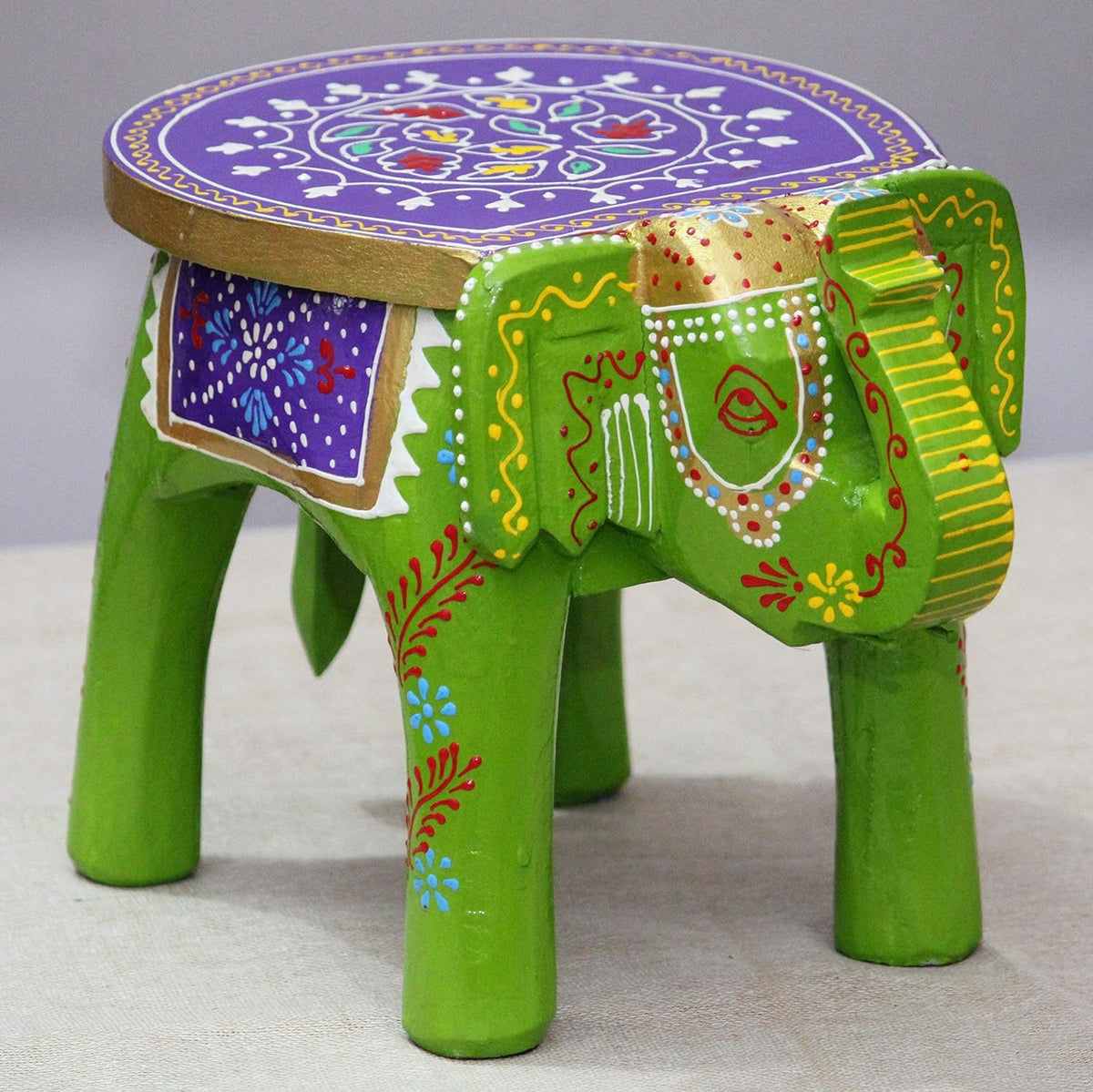 Brush & Timber Handpainted Solid Mango Wood Elephant Side Table in Multicolor