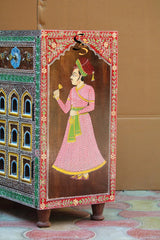 Mughal Hand Painted Solid Wood Ethnic Carved Jharokha Door Cabinet D133