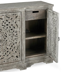 Indian Handmade Solid Wood Carved 4 Doors Sideboard