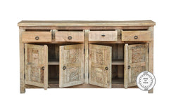 Yennora Indian Solid Wood Long Buffet Sideboard With Carved Doors & 4 Drawers