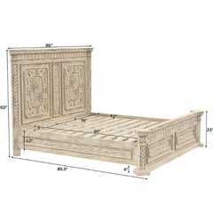 Indian Hand Carved Solid Wood King Size Bed White Wash 108