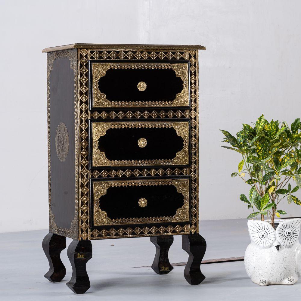 Antique Brass Work Solid Wood Brass Bedside Table