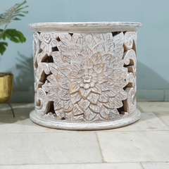 Hand Carved Indian Mango Wood Round Coffee Table 60X60X50CM