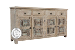 Yennora Indian Solid Wood Long Buffet Sideboard With Carved Doors Natural