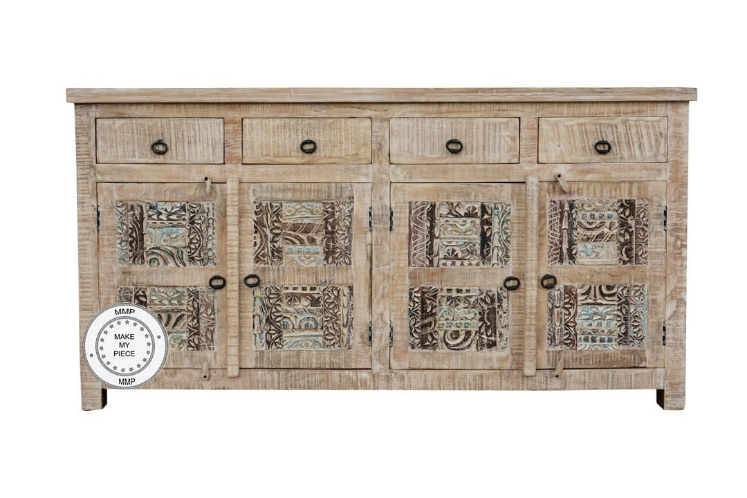 Yennora Indian Solid Wood Long Buffet Sideboard With Carved Doors Natural