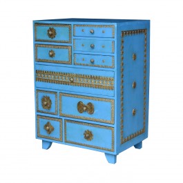 Brass Work Indian Solid Wood Chest Of Drawers Blue