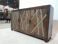 Contemporary metal strip walnut mango wood 3 door sideboard buffet 150x40x85cm