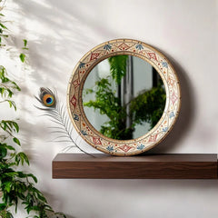 Hand Painted Rajasthani Art Solid Wooden Round Mirror Frame 61