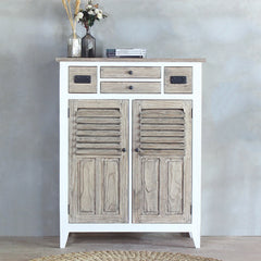 Ethereal Whites Handmade Indian Furniture Solid Mango Wood  2 Doors 4 Drawers Cabinet