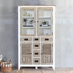 Ethereal Whites Handmade Indian Furniture Solid Mango Wood 4 Doors 6 Drawers Glass Cabinet