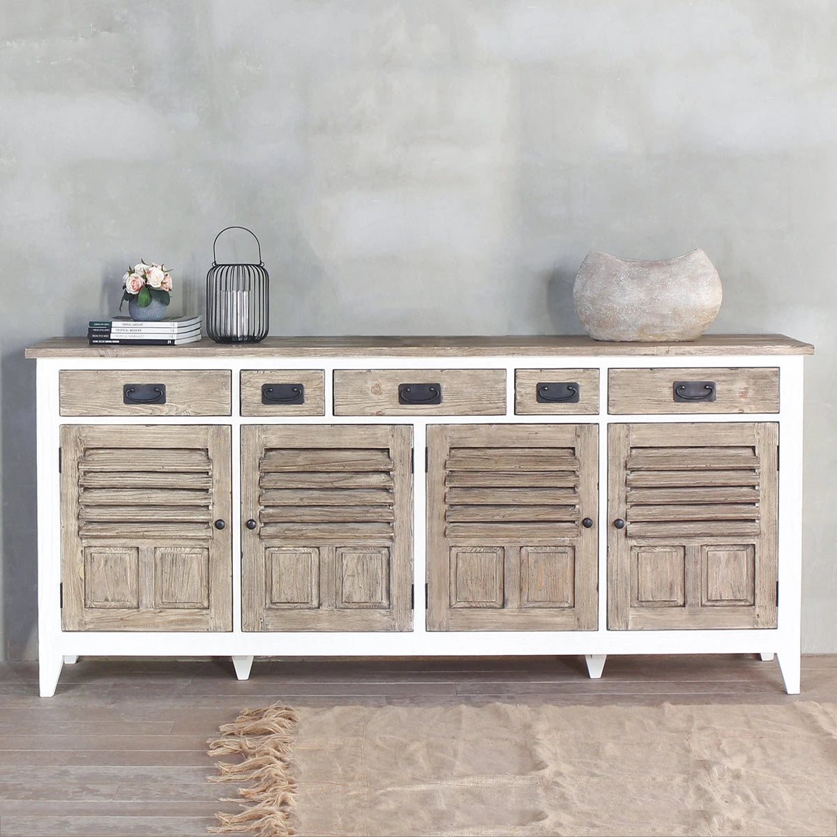 Ethereal Whites Handmade Indian Furniture Solid Mango Wood 4 Doors 5 Drawers Sideboard