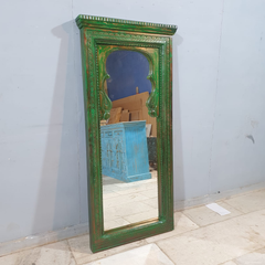 Handcrafted Indian Furniture Carved Wooden Mirror Frame Rustic Green 70x150 cm