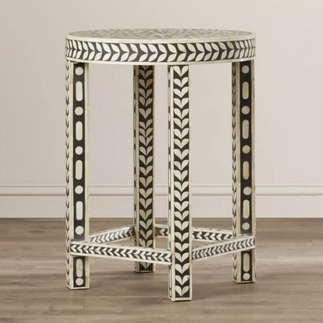 Maaya Bone Inlay Round Side Table White Black Floral